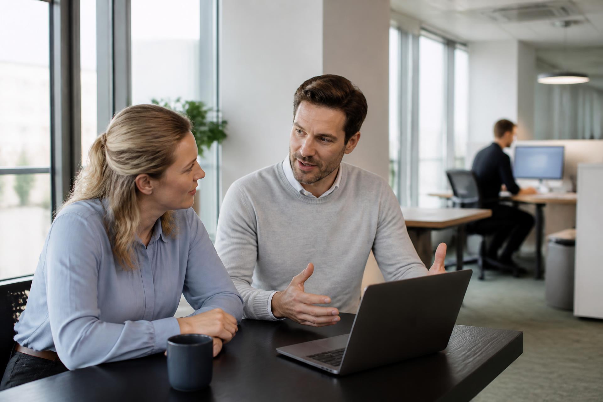 Collega’s overleggen over hun werk achter een laptop